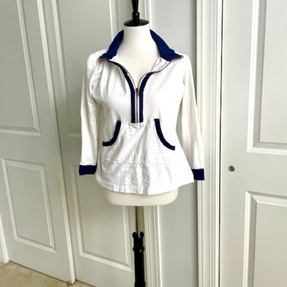 Duffield Lane White Blue Quarter Zip 3/4 Sleeves Stretchy Fabric Top XL - Picture 1 of 4